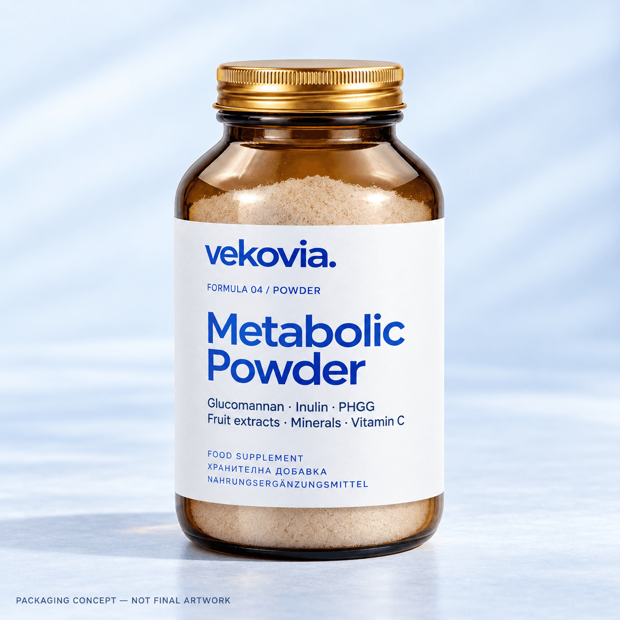 Metabolic Powder — amber-glass bottle illustration with a gold cap