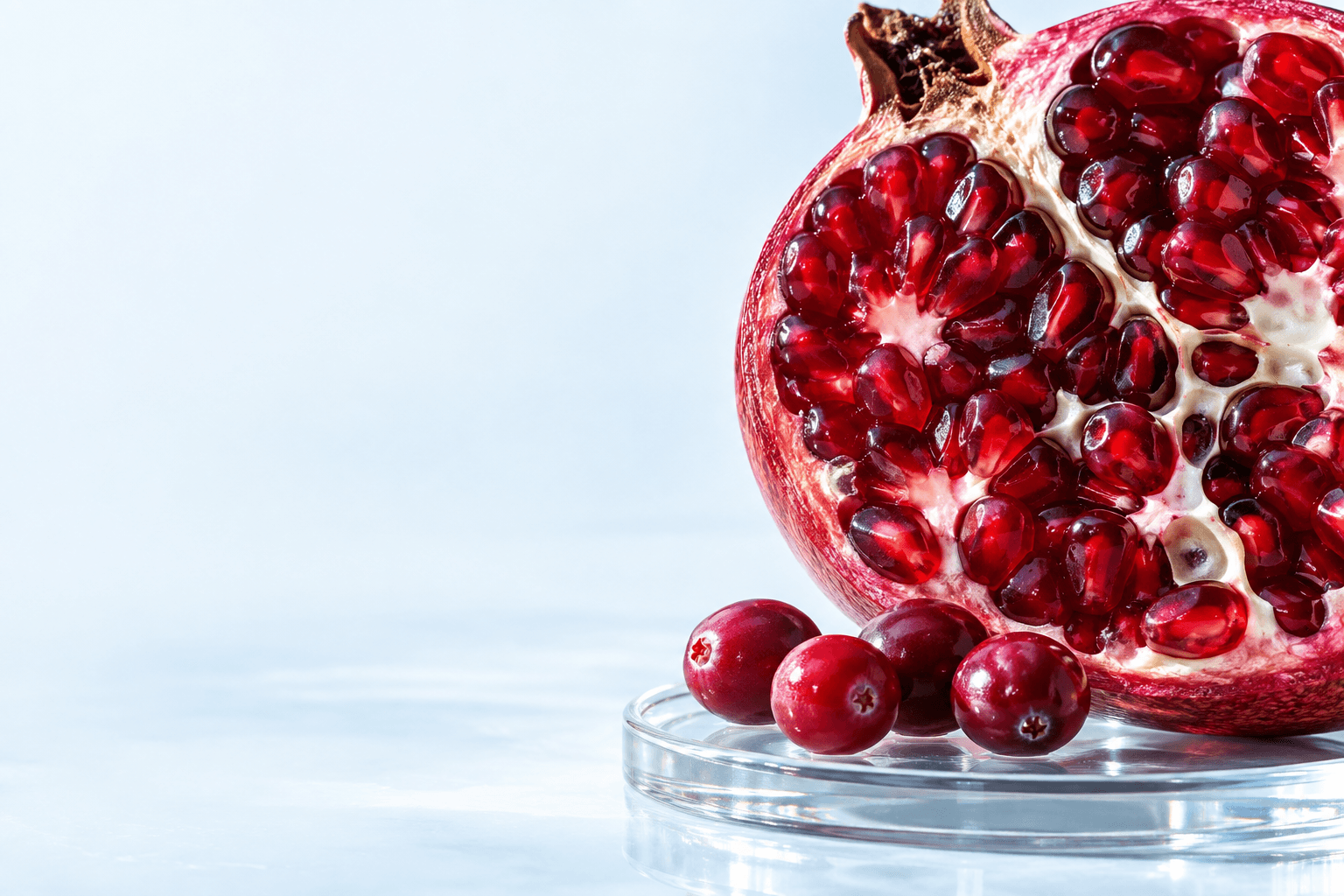 Cut pomegranate and cranberries on a clear glass dish