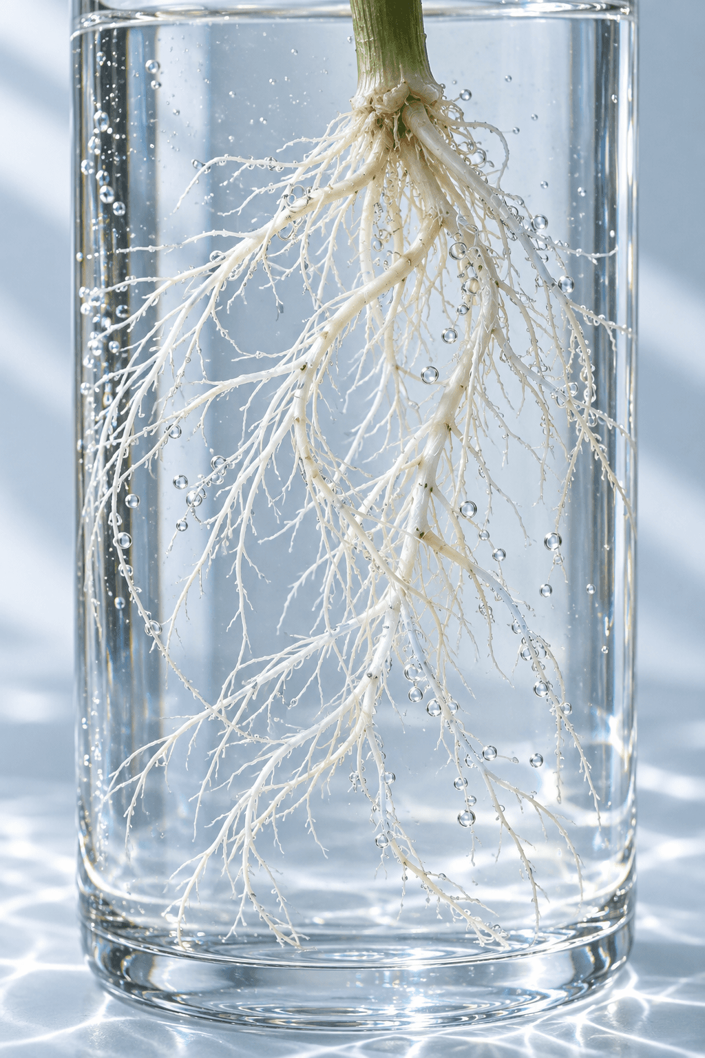 Botanical roots suspended in clear water; conceptual illustration
